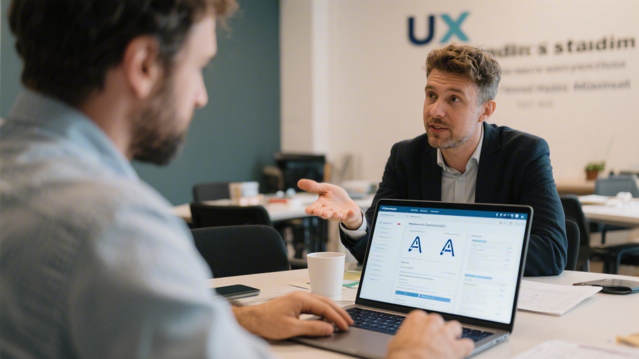 UX consultant guiding a client through accessibility compliance reports displayed on a laptop during a workshop at UIUX France Studio