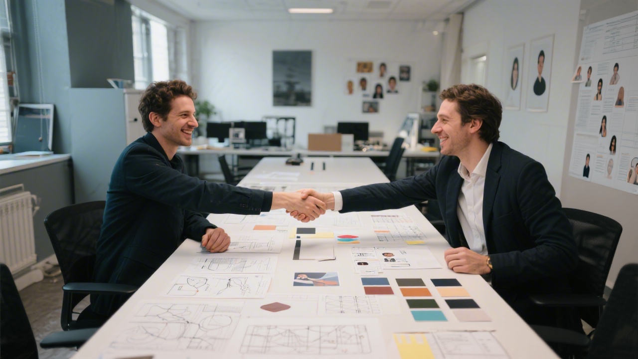 Two project leads shaking hands across a conference table covered with wireframes, style tiles, and personas in a contemporary Paris design studio