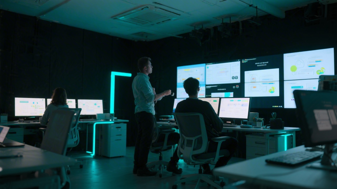 Professional designers reviewing interactive prototypes on large monitors in a dimly lit Paris studio with neon cyan accents and collaborative workstations ready for client workshops