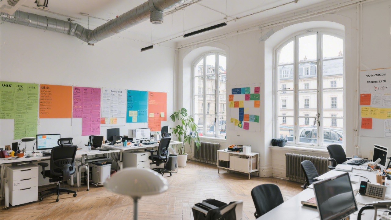 Interior of a Paris design loft with large windows, collaborative workstations, and color-coded sprint boards highlighting UIUX France Studio workflow
